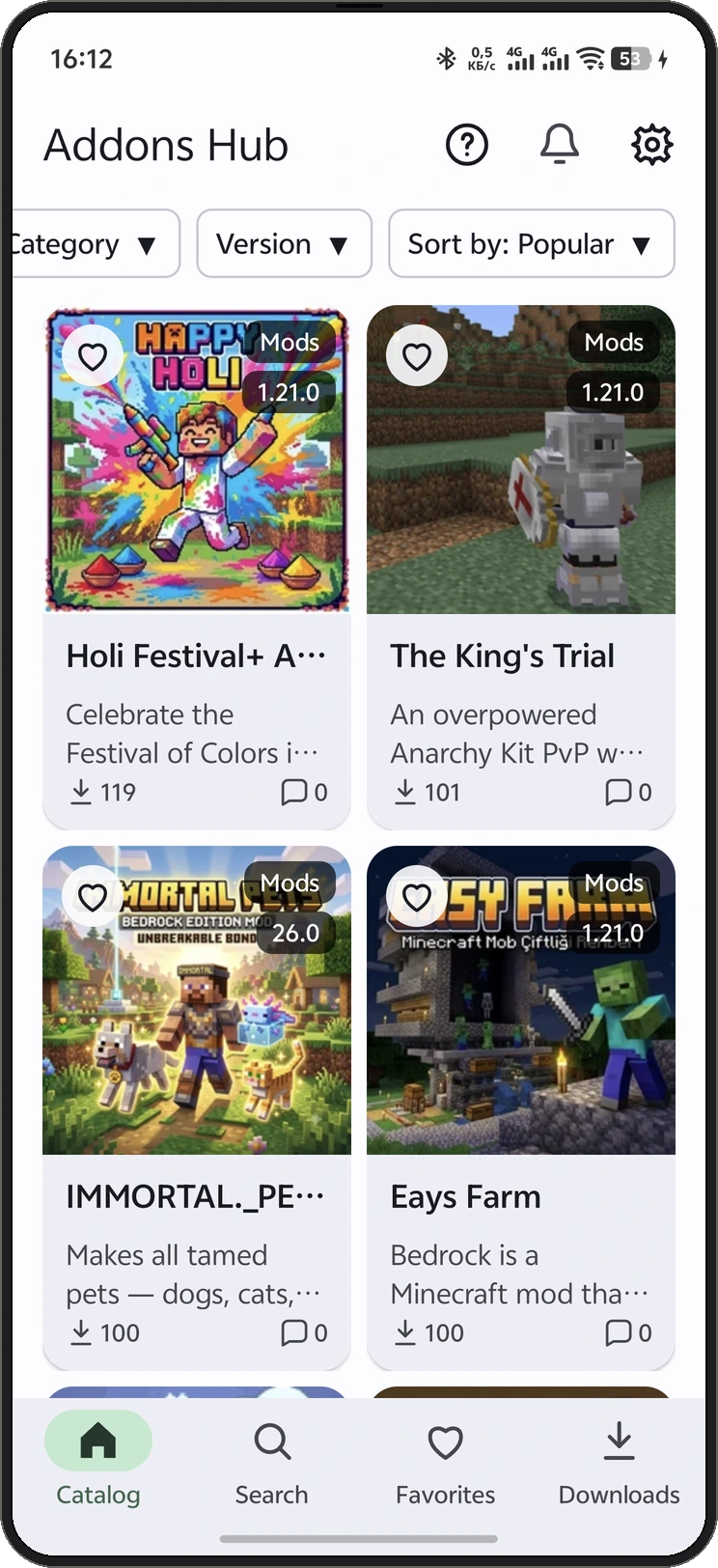 Phone app screenshot: Popular mods