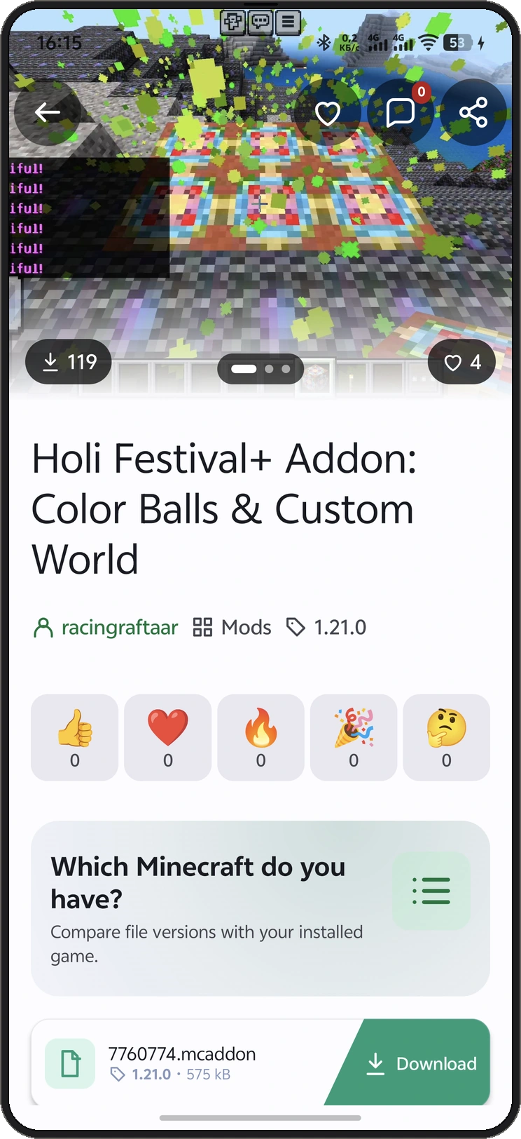 Phone app screenshot: Mod details