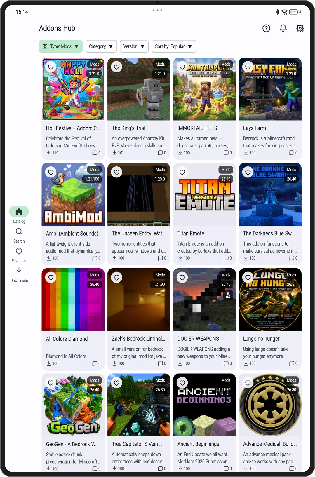 Tablet app screenshot: Popular mods