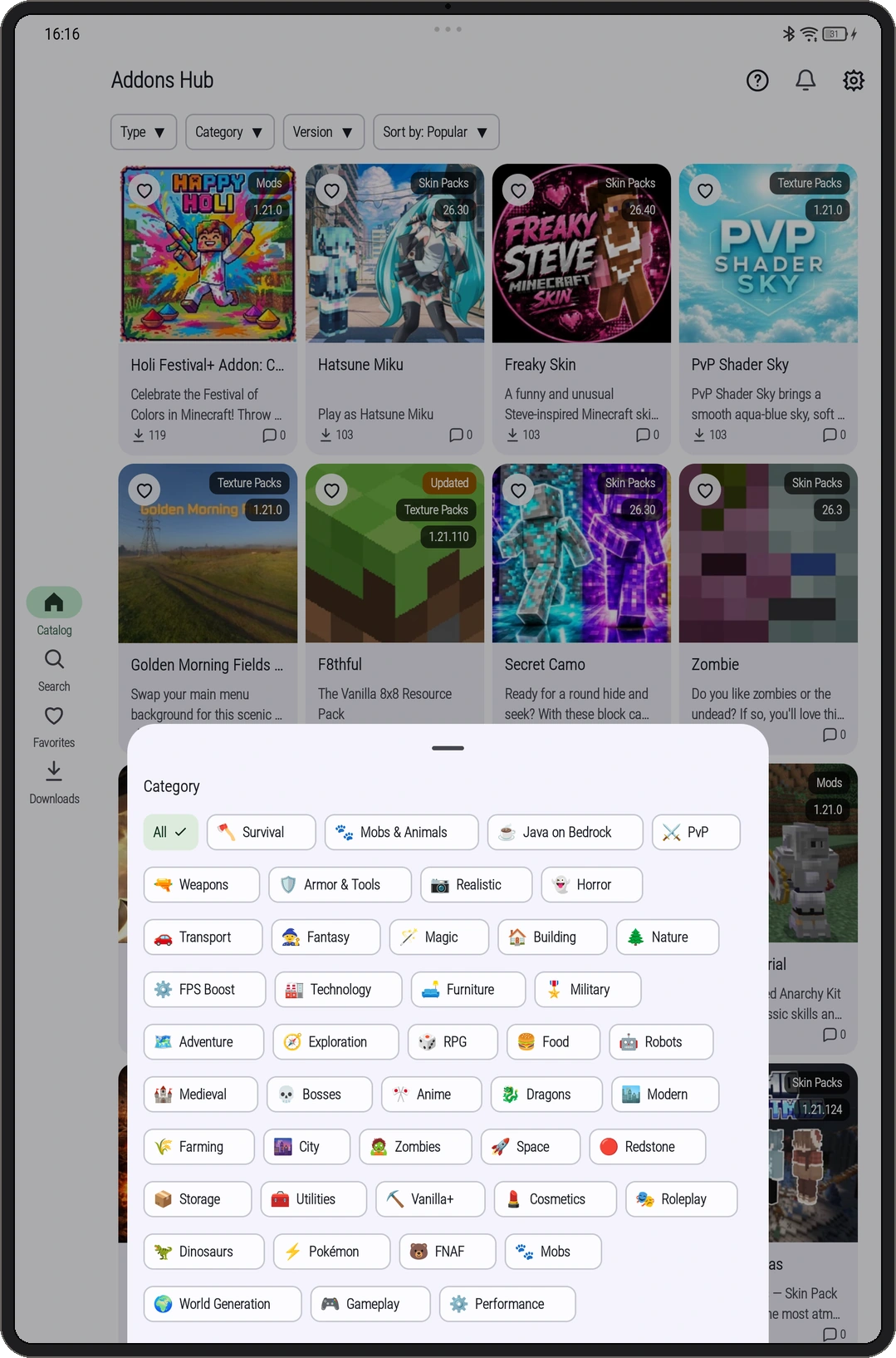 Tablet app screenshot: Category filters