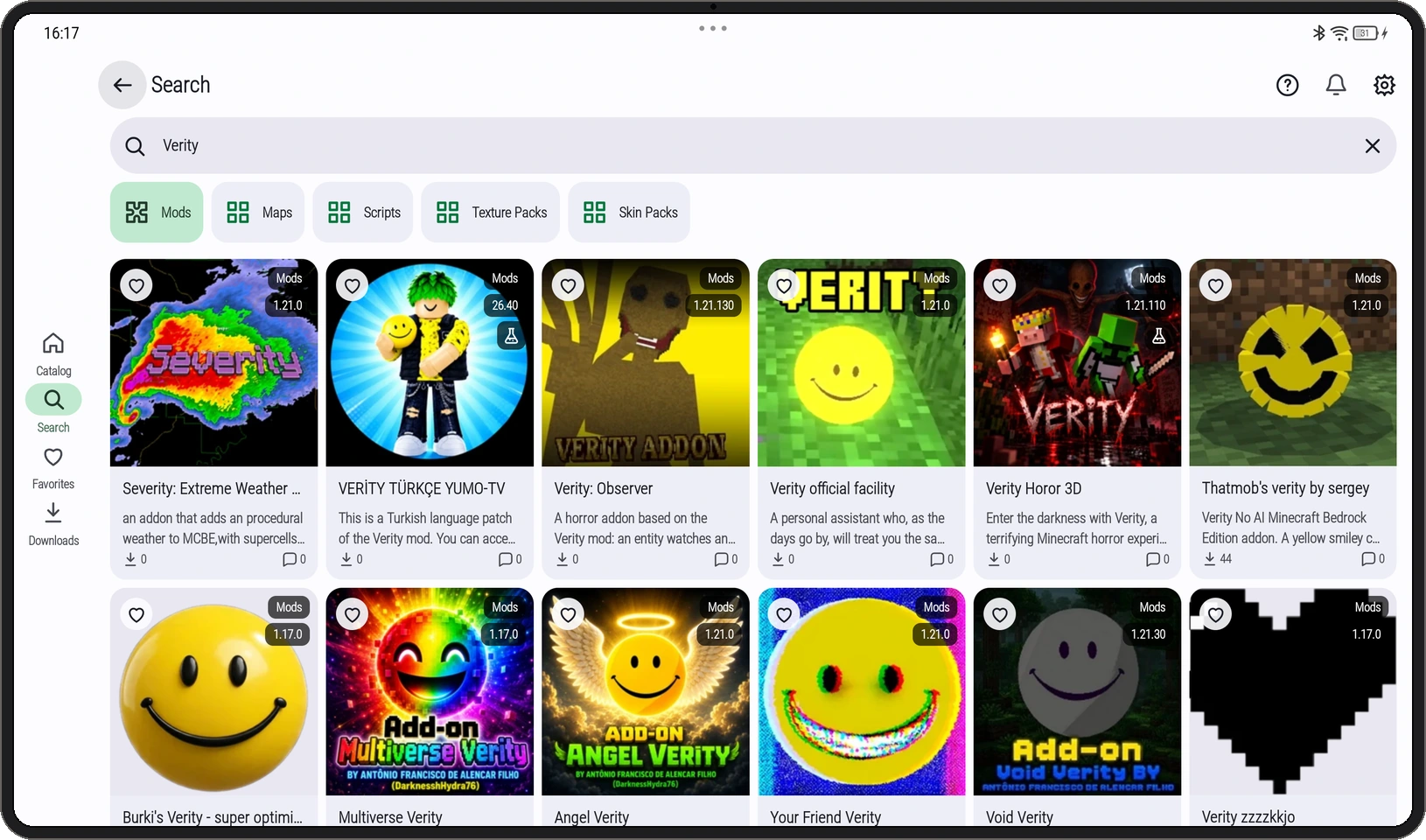 Tablet app screenshot: Verity search results