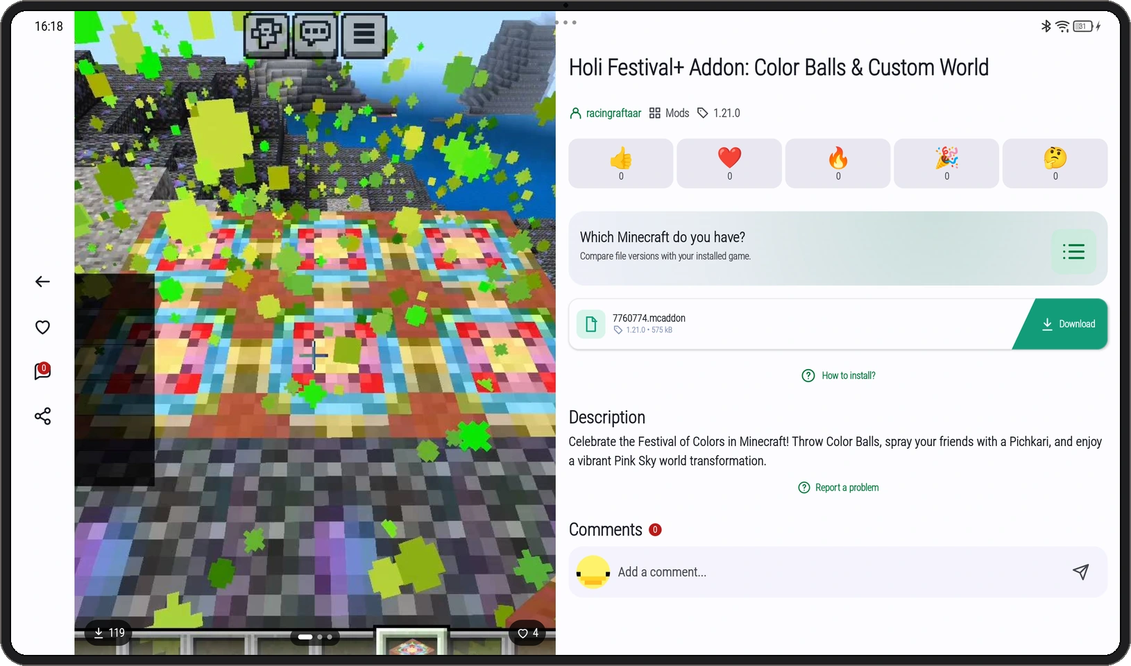 Tablet app screenshot: Mod details